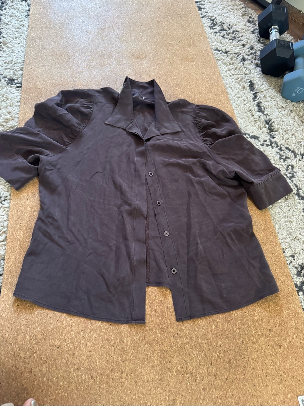 Lola & Sophie Dark Brown Short-Sleeve Button-Front silk puff sleeve blouse.